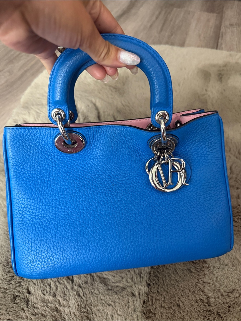 Dior Blue Pebbled Leather Top-Handle Satchel with Pink Interior
